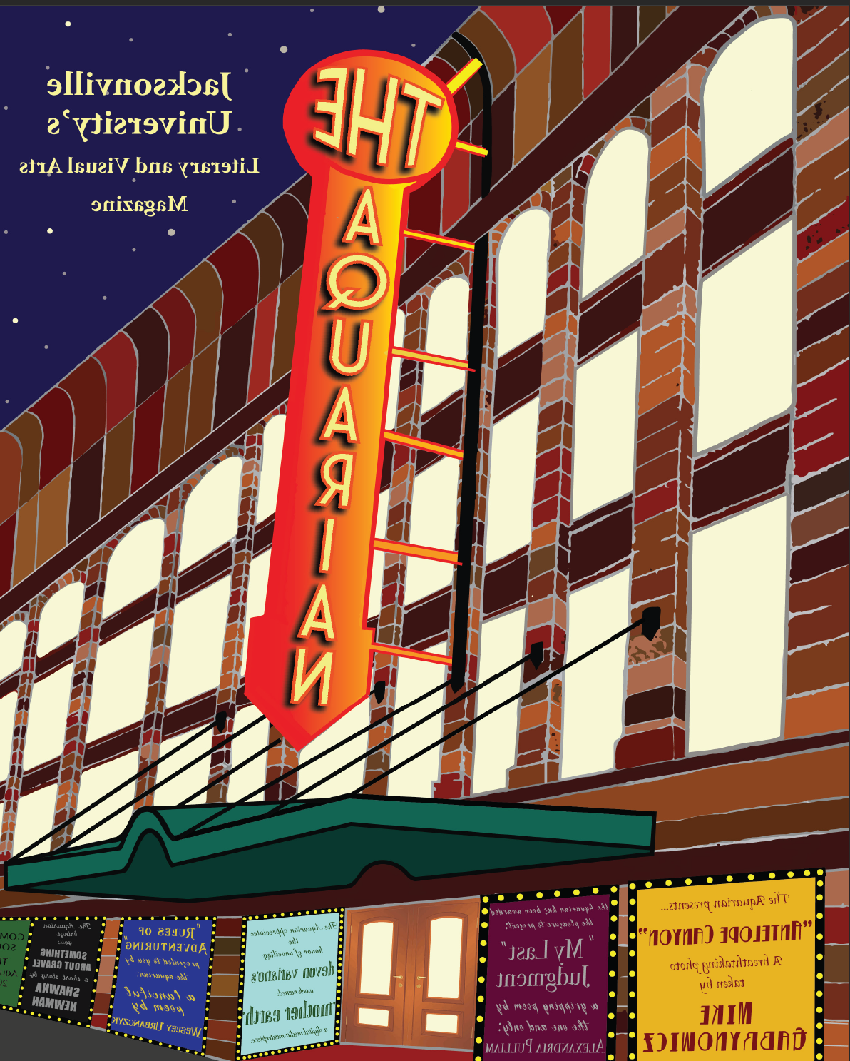 2018 cover. Depicts a New York Broadway style red brick building with a lit up sign that says "The Aquarian"