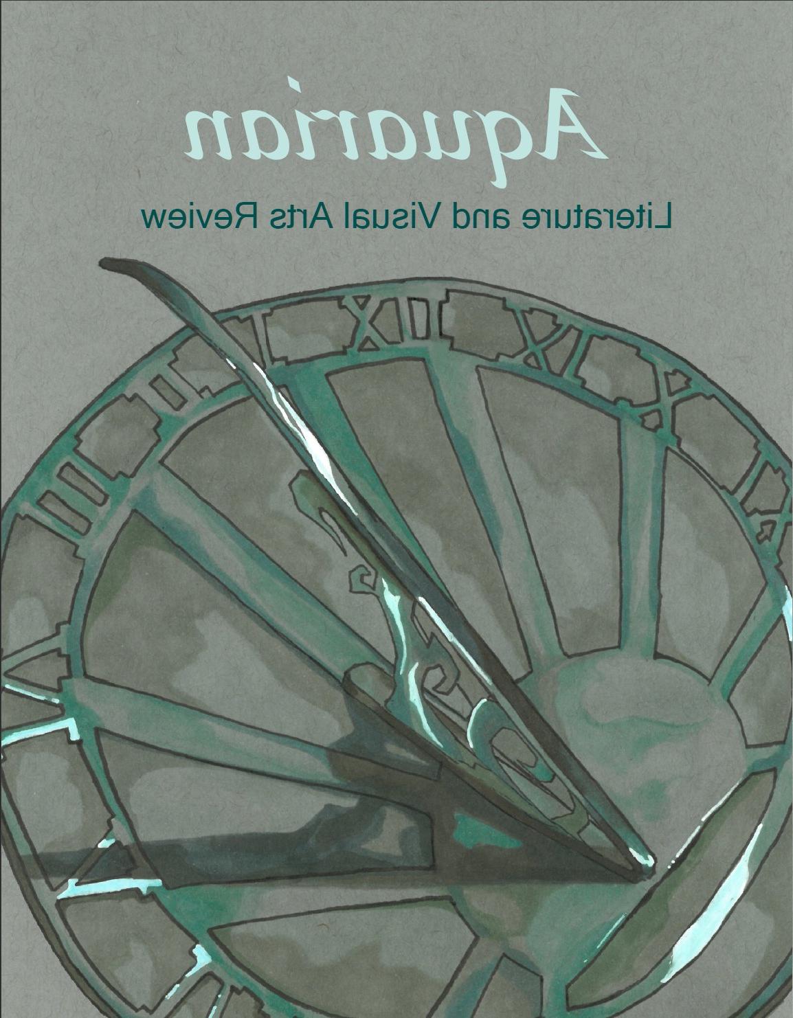 The 2020 Cover. It is monochrome green with a sundial taking up the bottom half of the cover. The top has the title Aquarian, Literary and Visual Arts Review