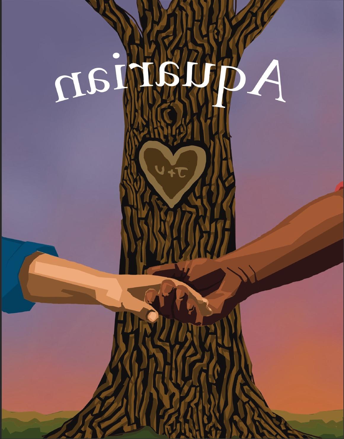 The cover. In white text over a digitally drawn image, the word Aquarian is rounded. Behind that, there is a brown tree with the letters J + U in a heart are carved. In front of the tree and below the title, are to hands clapsed together. Behind the tree is a colorful sunset with green grass.